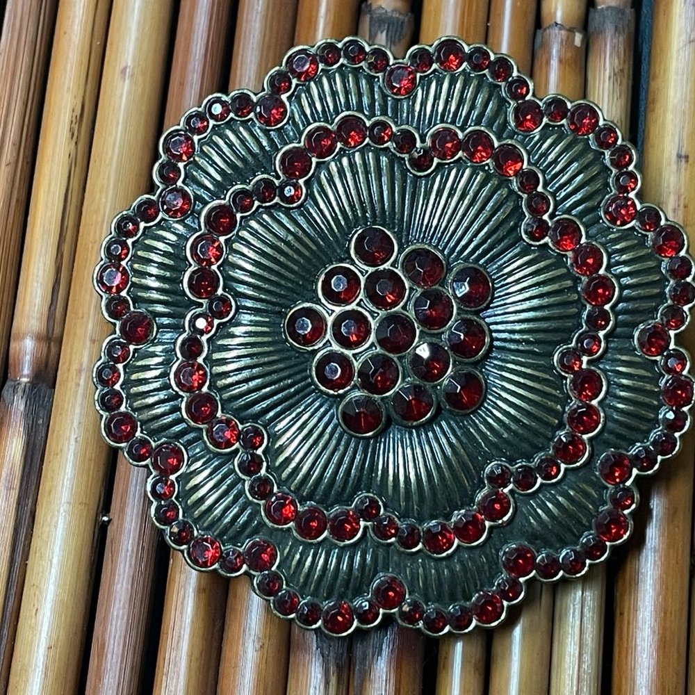 VINTAGE bold red rhinestone encrusted dark silver 3" BIG FLOWER BELT BUCKLE